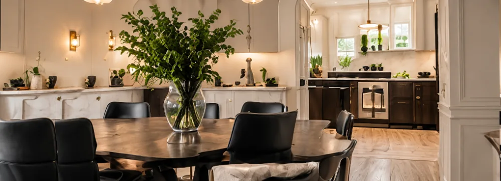 Luxury Houston dining room and kitchen with live-edge table and floral centerpiece