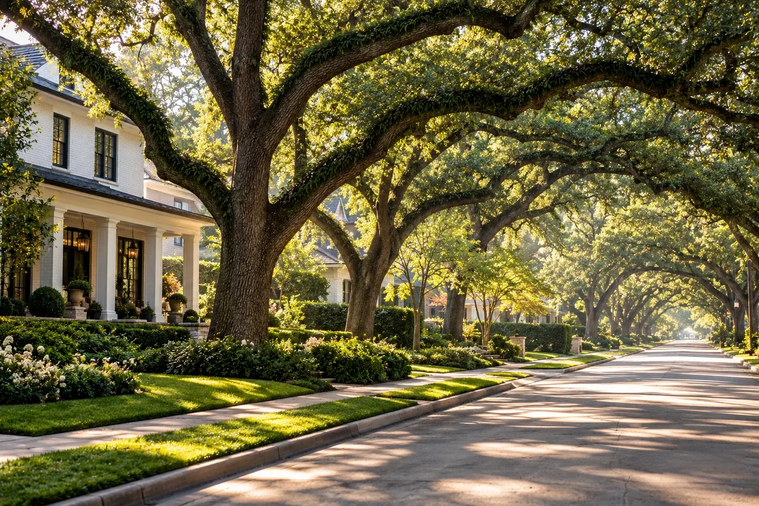 A shaded sidewalk under live oaks in a Houston neighborhood
