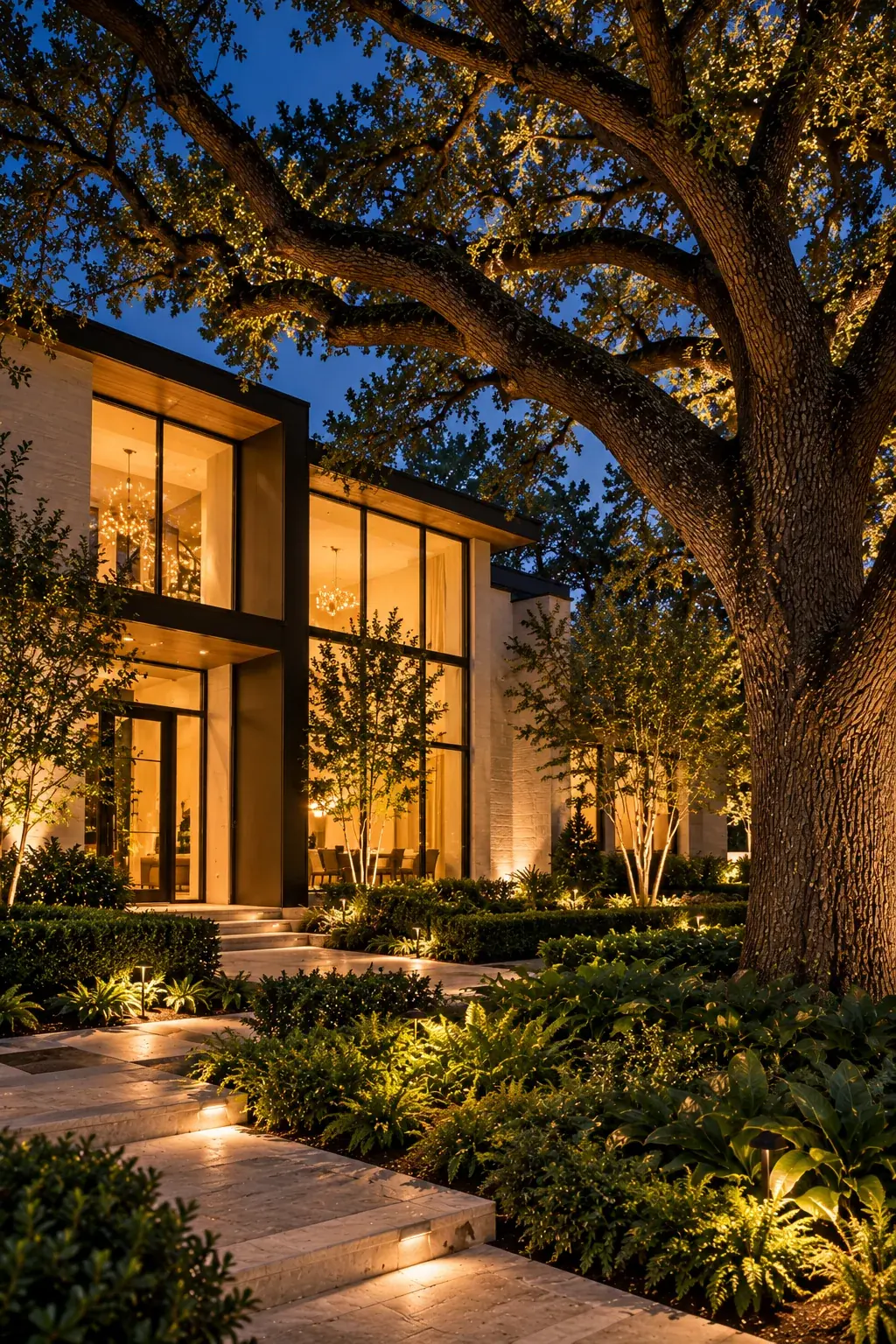 A modern Houston home glowing at dusk behind mature trees