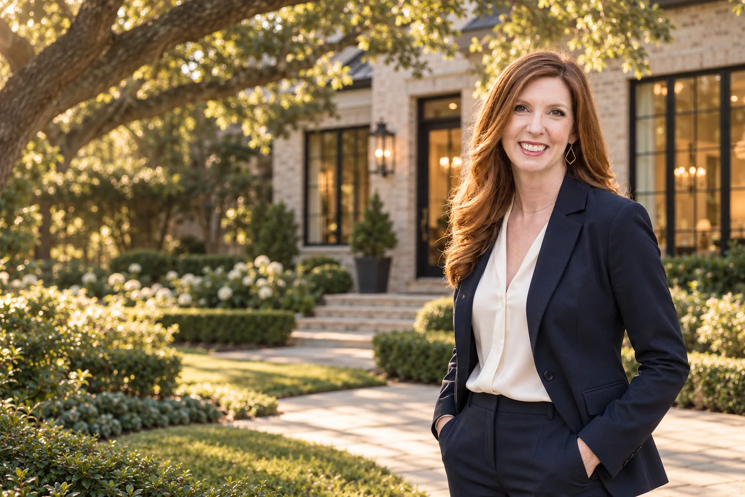 Nicole Fowler smiling outside a stone home on a tree-lined Houston street