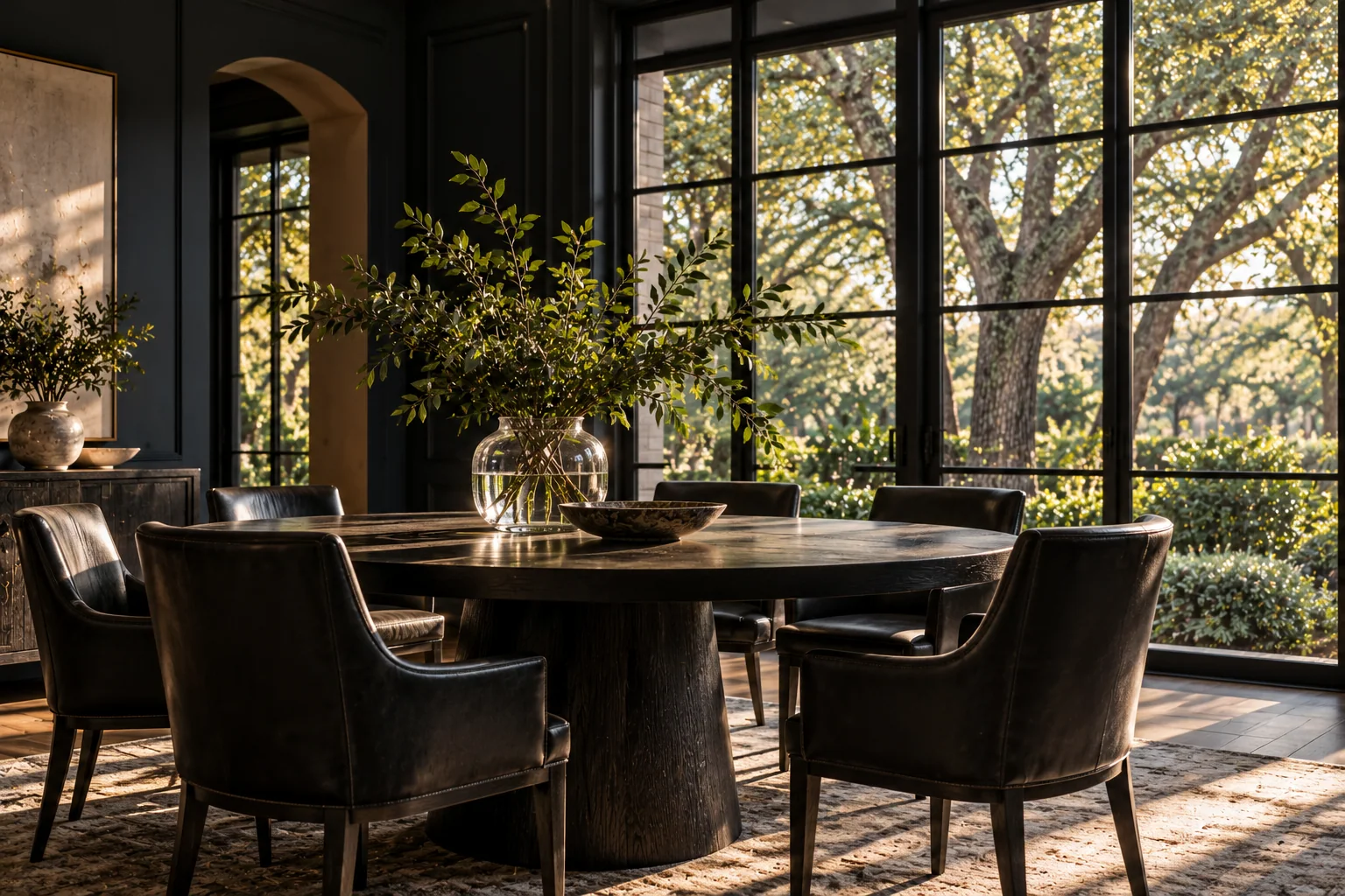 A dark wood dining table with a vase of fresh greenery