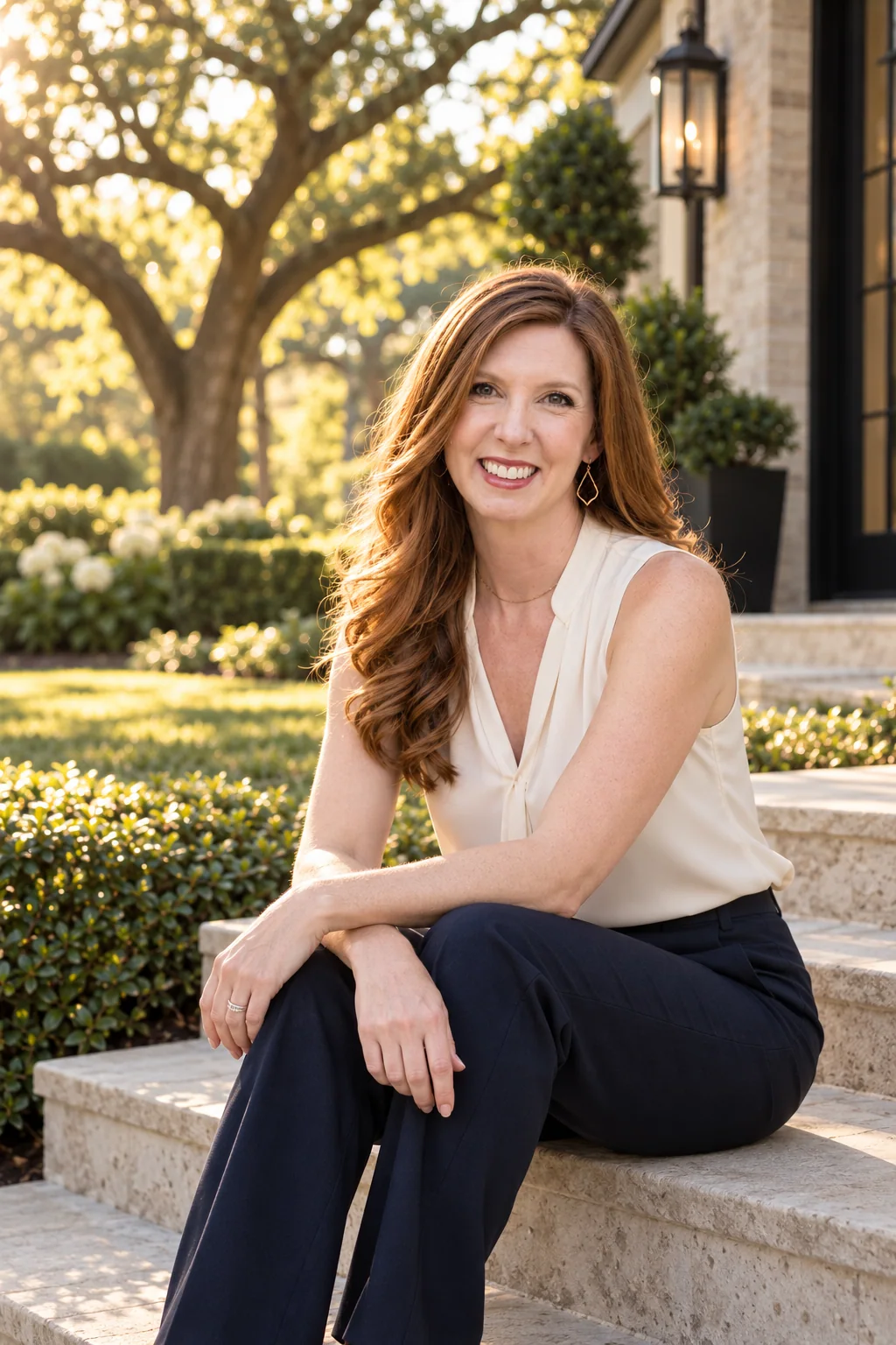 Nicole Fowler seated on garden steps in a white blouse