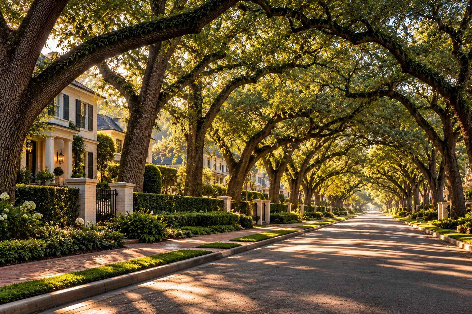 A quiet Houston street lined with live oaks in late afternoon light