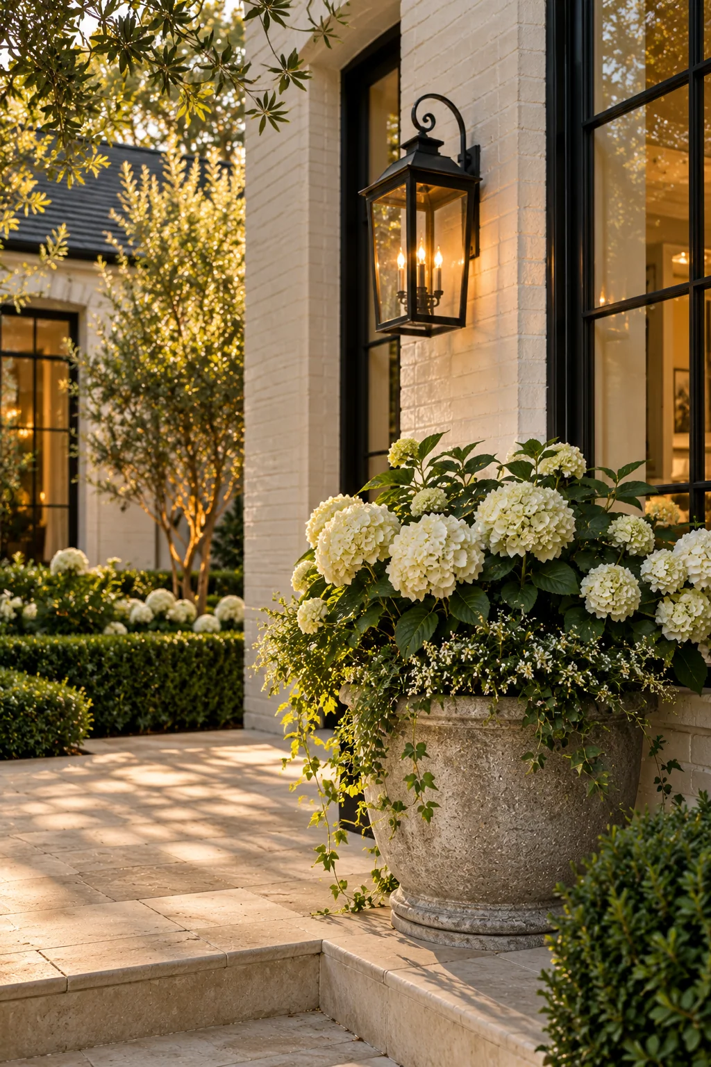 A brick porch with a black lantern and a planter of white hydrangeas