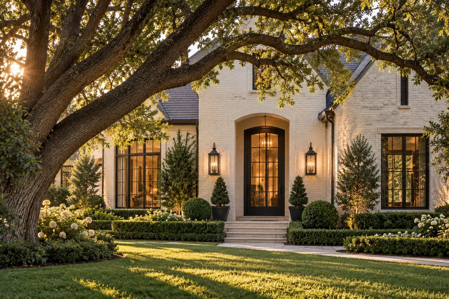 A white brick Houston home with black windows, lanterns and mature oaks