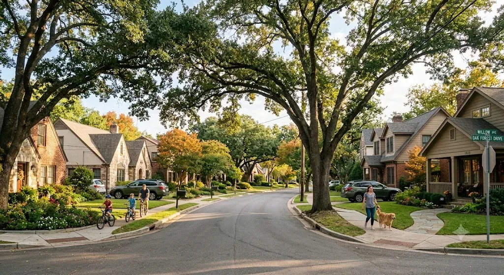 Mid-century brick ranch beside a new two-story home on a tree-lined Oak Forest street