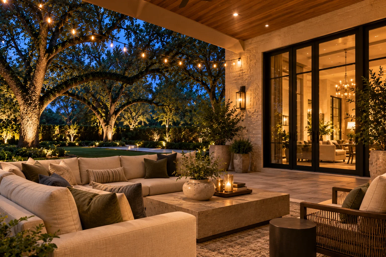 A quiet covered porch with a cushioned bench at dusk