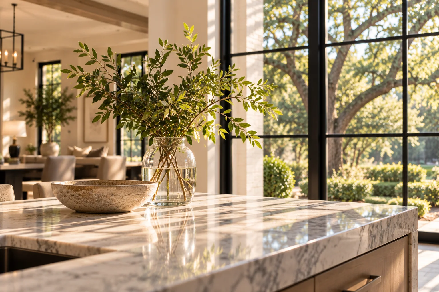 Sunlit kitchen island looking out to mature oak trees