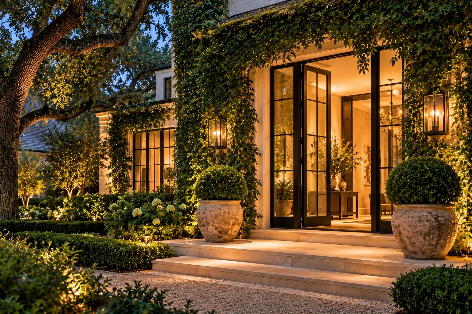 Warmly lit front entry of a Houston home framed by potted topiaries