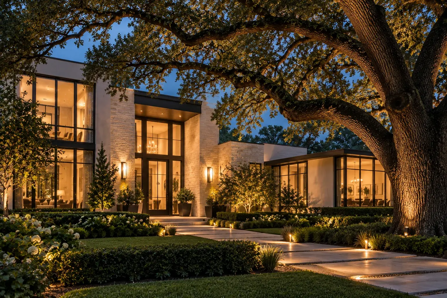 A contemporary Houston home glowing at dusk beneath mature oak trees