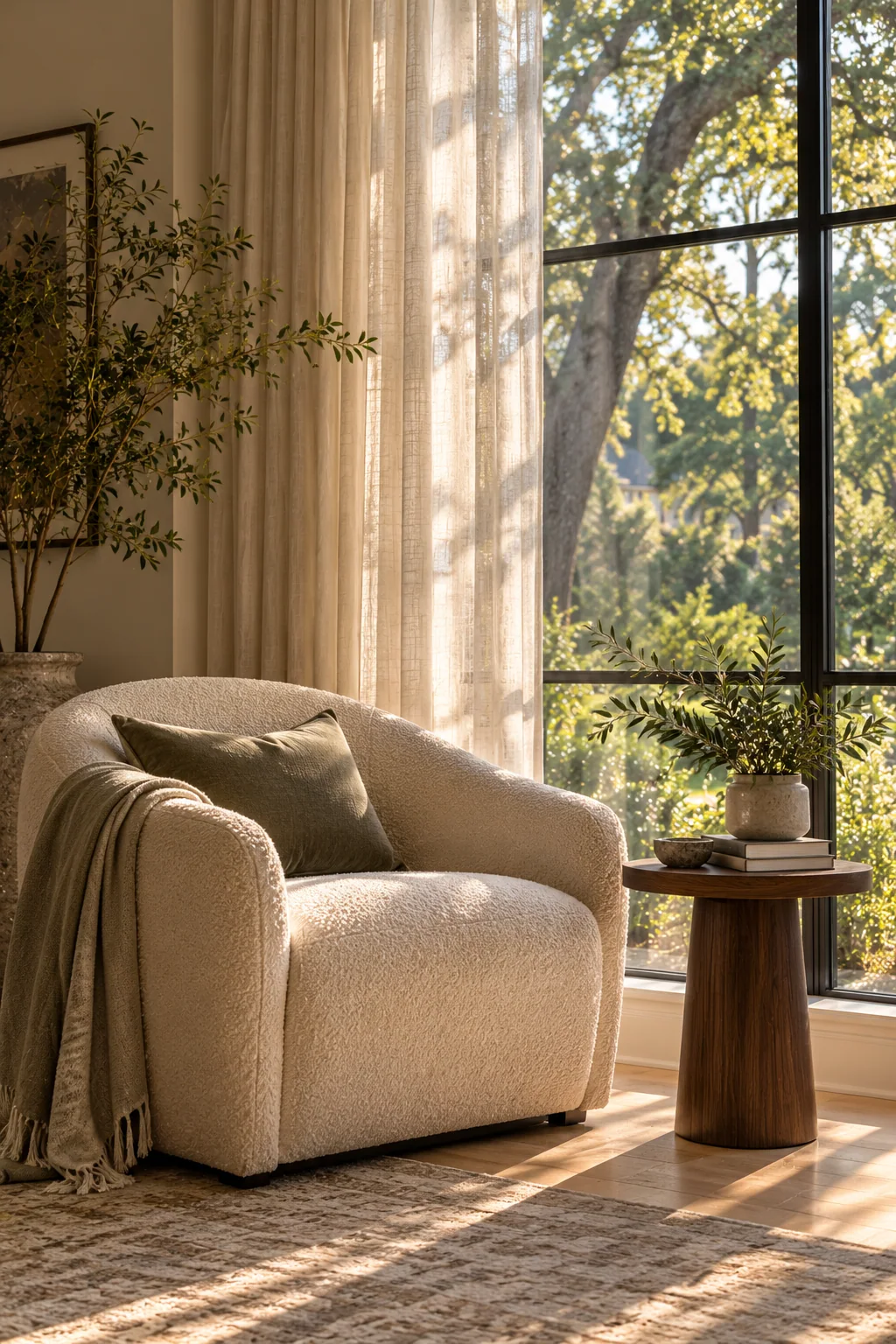 A quiet reading chair beside a window in a Houston home