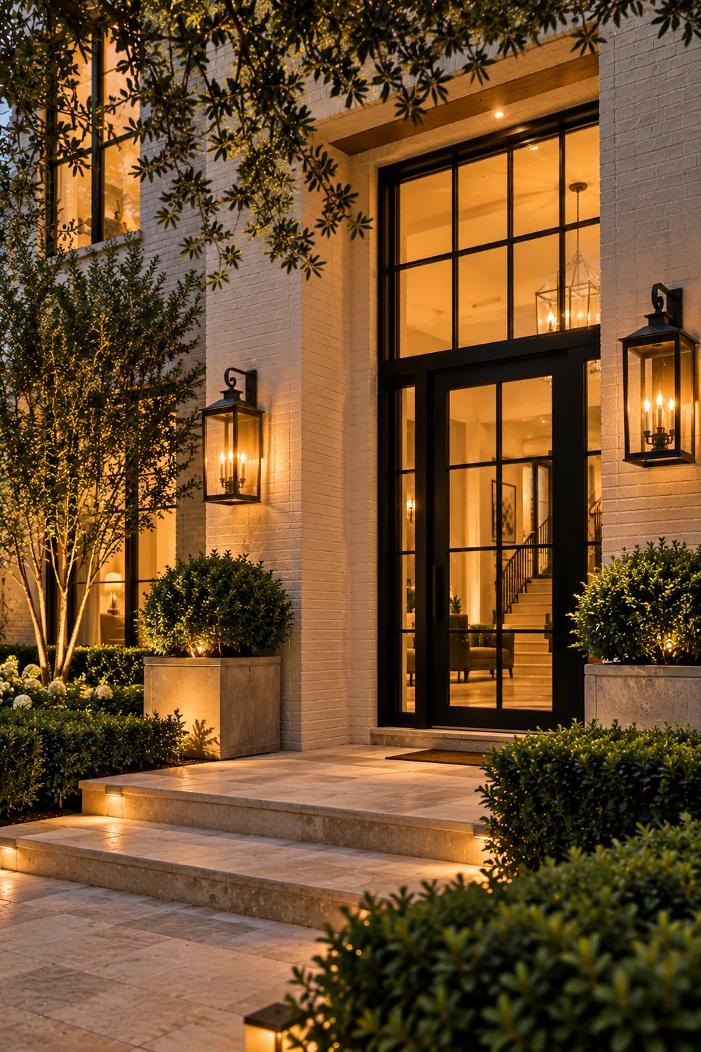 Lit front entry framed by mature trees