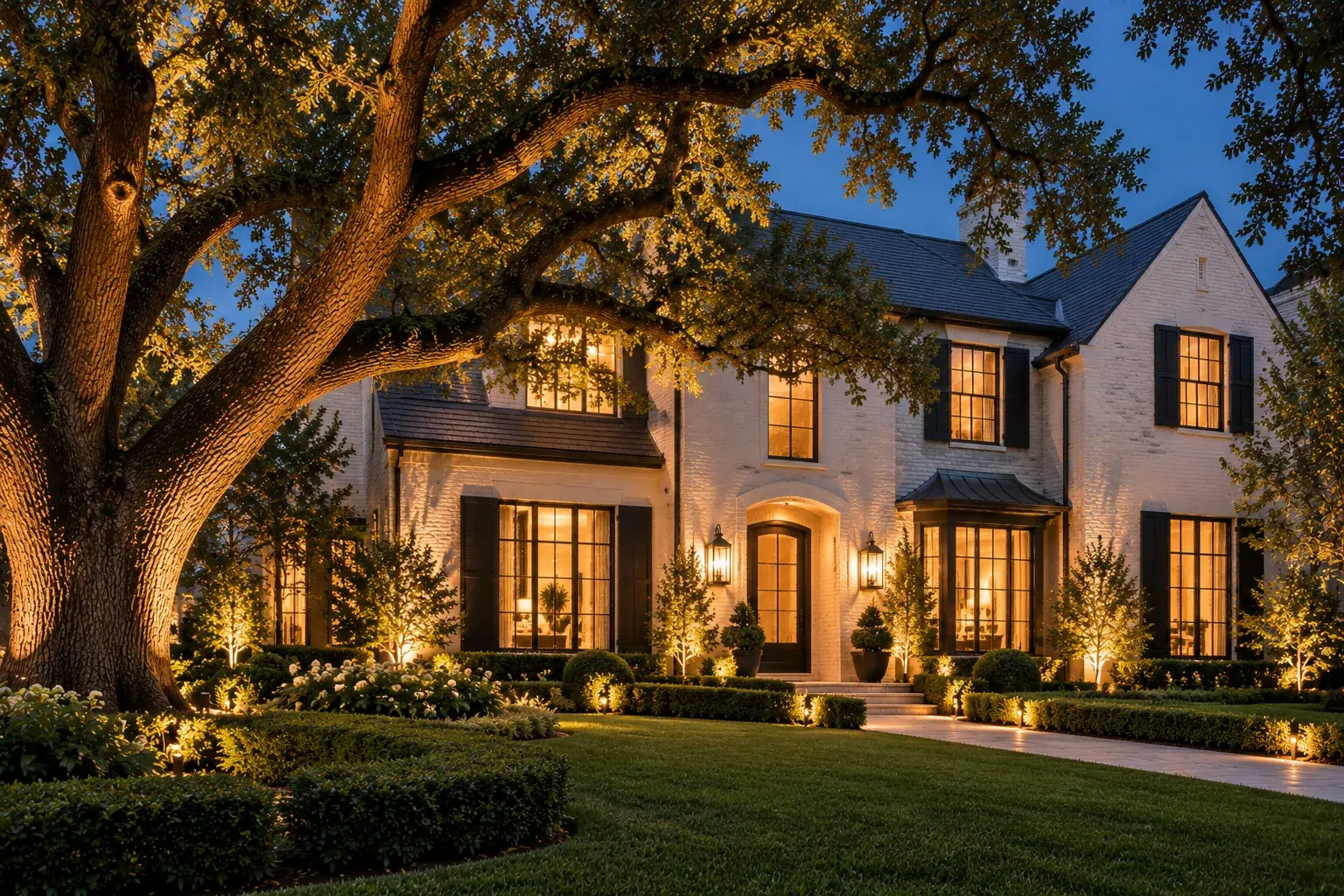 A Houston home glowing at dusk beneath mature oak trees
